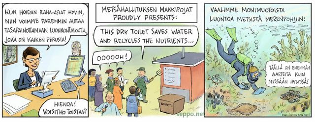  Talous ja luonnontalous, keywords:
 metsähallitus kestävä talous luonnontalous kuivakäymälä komposti makkipojat meri merenpohja metsä luontokartoitus aarre luonto monimuotoisuus sarjakuva
