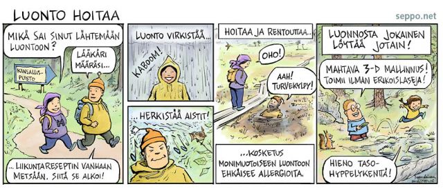  Luonto hoitaa, keywords:
 metsähallitus luonto terveys resepti mielenterveys virkistys liikunta yleiskunto allergiat monimuotoisuus elinvoima luonnonsuojelu sarjakuva