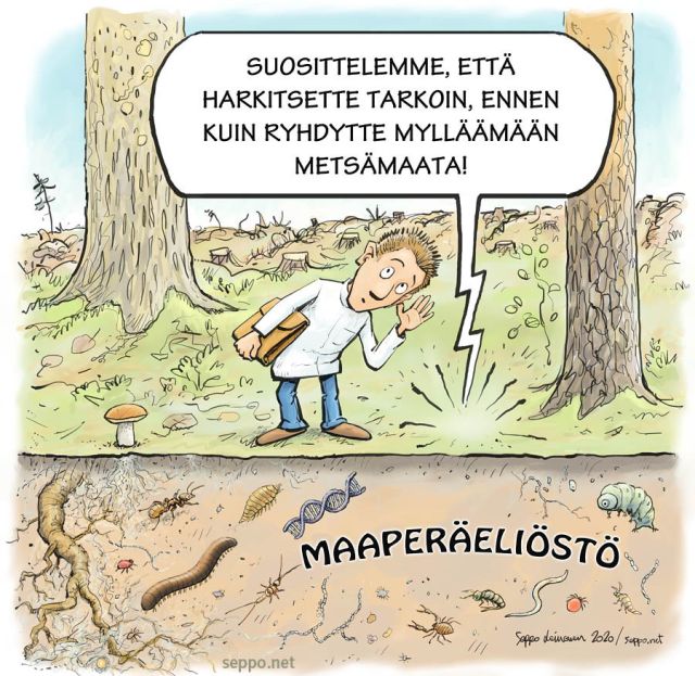  Mieti ennenkuin muokkaat metsämaata ja häiritset metsäeliöstöä, keywords:
 Punkki auraus avohakkuu bakteeri biotalous hyönteinen ilmasto juuristo kasvu lev maapereliöst maaper mato mets metsätalous muokkaus niveljalkainen ojitus pilapiirros sieni sienijuuri tutkimus vaurio yksisoluinen