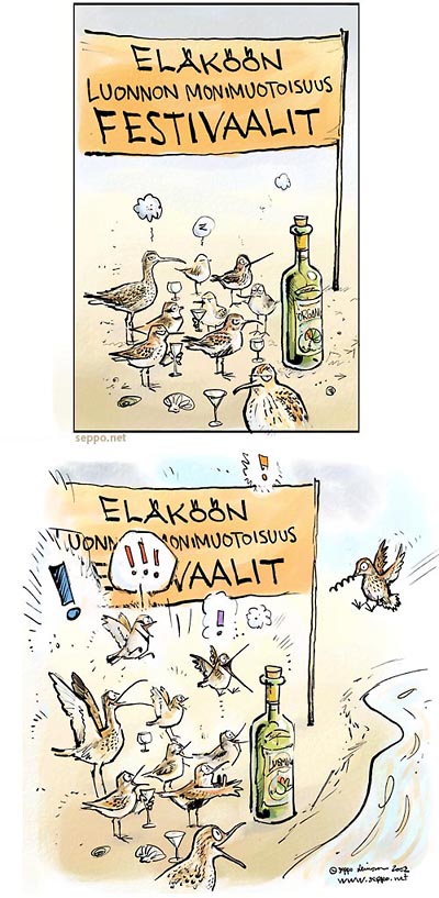  Elkn luonnon monimuotoisuus festivaalit, keywords:
 lintu kahlaaja ranta viini korkkiruuvi monimuotoisuus biodiversiteetti kosteikko juhla festivaali huumori piirros