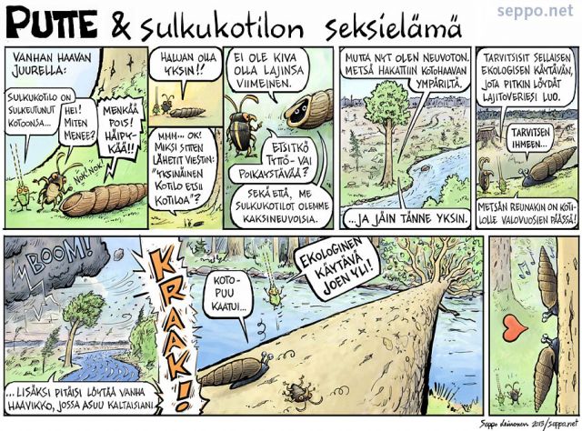  Putte ja sulkukotilon seksielämä, keywords:
 sulkukotilo harmaa Bulgarica cana nilviäinen kaksineuvoinen uhanalainen laji vanha metsä haapa ekologinen käytävä Putte puutteellisesti tunnettu sarjakuva
