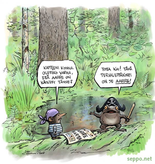  Rupikonna - päästäinen - tervaleppäkorpi - aarre, keywords:
 rupikonna päästäinen merirosvo piraatti aarre luonto luonnon monimuotoisuus kosteikko tervaleppä korpi avainbiotooppi piirros Soricidae Bufo bufo