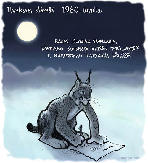  Ilves sukupuuton partaalla, keywords:
 ilves 60-luku uhanalainen sukupuutto nuorten sävellahja ilveskolli Lynx lynx pilapiirros