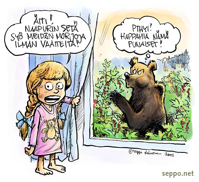  Karhu marjapensaassa, keywords:
 pilapiirros karhu lapsi ravinto marja pensas puutarha