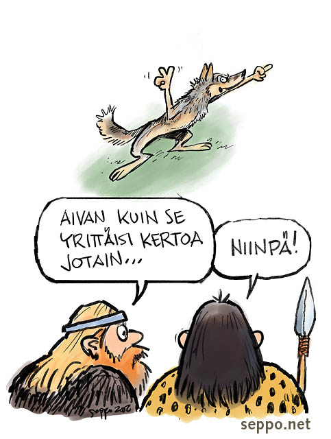  Susi ja luolamiehet - yhteistyö, keywords:
 pilapiirros susi koira luolamies miehet yhteistyö viesti viestintä metsästys apu Canis lupus domestikaatio kesyttäminen