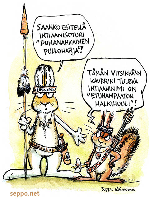  Jänis - orava - intiaani, keywords:
 jänis orava intiaani naamioasu Sciurus vulgaris Lepus timidus pilapiirros