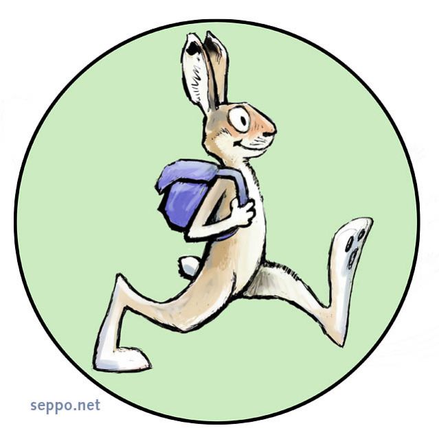  Jänis retkeilee, keywords:
 jänis metsäjänis retki retkeilijä reppu logo Lepus timidus pilapiirros