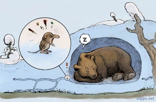  Karhu ja vaivaispäästäinen talven vietossa, keywords:
 karhu talviuni vaivaispäästäinen talvi hanki kinos talvehtiminen talvipesä lumikerros Sorex minutus Ursus arctos pilapiirros