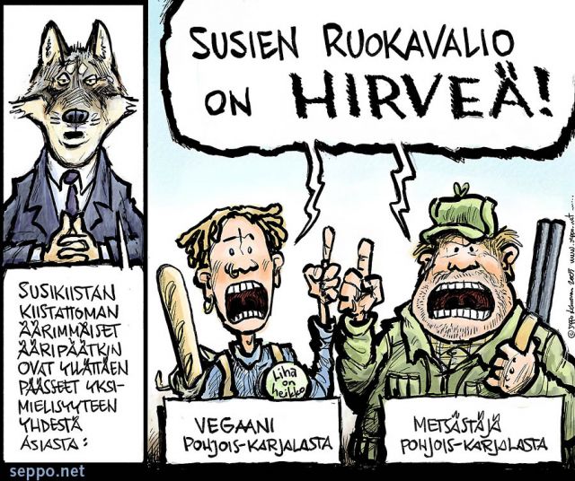  Susien ruokavalio on hirveä, keywords:
 metsästäjä vegaani susi Canis lupus hirvi hirveä suurpedot metsästys salametsästys petoviha uhanalaisuus uhanalainen luonto suomalaisuus Pohjois-Karjala pilapiirros