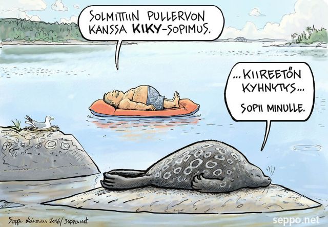  Pullervo-norppa ja kiky-sopimus, keywords:
 norppa saimaannorppa Pusa hispida saimensis kalalokki mies kesä kiireetön kyhnytys kilpailukyky sopimus piirros