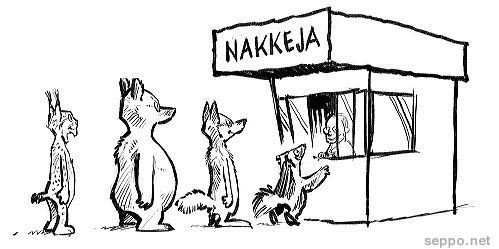  Suurpedot susi ahma ilves ja karhu nakkikioskilla, keywords:
 suurpeto susi ahma ilves karhu nakkikioski Canis lupus Lynx lynx Ursus arctos Gulo gulo pilapiirros