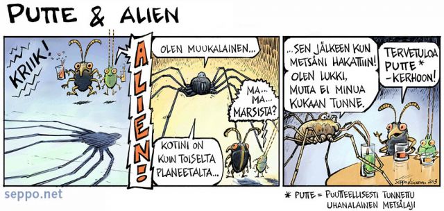  Putte ja muukalainen, keywords:
 lukki opiliones lukit muukalainen alien Putte uhanlainen puutteellisesti tunnettu laji metsä sarjakuva