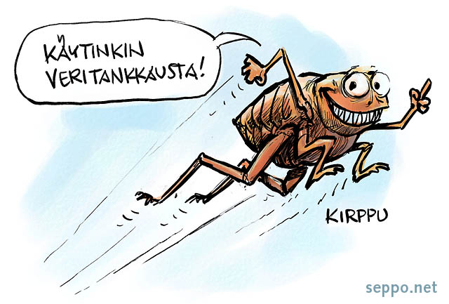  Kirppu - hyppymestari, keywords:
 kirppu ihmiskirppu Pulex irritans hyppy ötökkä pilapiirros