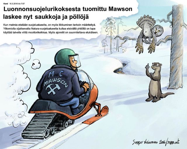  kaivosyhtiö laskee saukkoja ja pöllöjä, keywords:
 kaivos kaivosyhtiö luonnonsuojelualue malminetsintä ympäristörikos kaivostoiminta Mawson Lappi Natura Rompas kaivosvastuu luonnonvarat lapinpöllö saukko. moottorikelkka pilapiirros