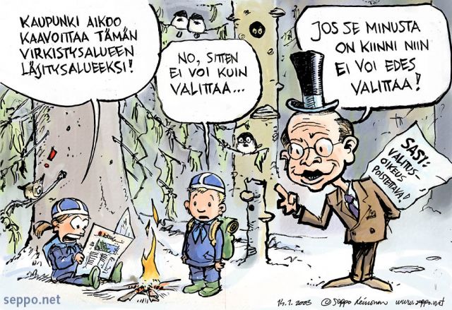  Kimmo Sasi - valitusoikeus poistettava, keywords:
 luonto luonnonsuojelu valitus vaikuttaminen Kimmo Sasi liito-orava partiolainen partiolaiset virkistysalue retkeily yleinen etu pilapiirros