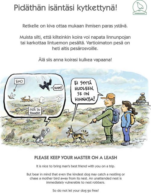  Pidä koira kiinni, keywords:
 UKK kansallispuisto hihnassa kiinni koira korppi luonto munat pesintäaika pesä pilapiirros poikaset retkeilijä riekko suojelualue tunturi