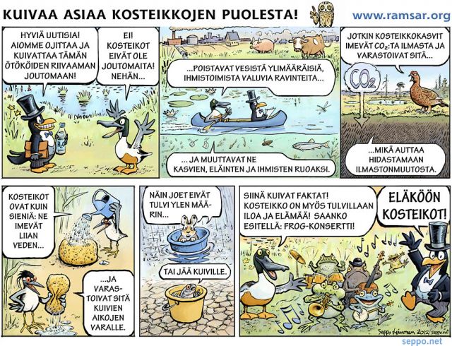  Kuivaa asiaa kosteikkojen puolesta, keywords:
 kosteikko kosteikot suo ojitus kuivatus tulva kuivuus ravinteet ilmasto turve monimuotoisuus Ramsar sarjakuva