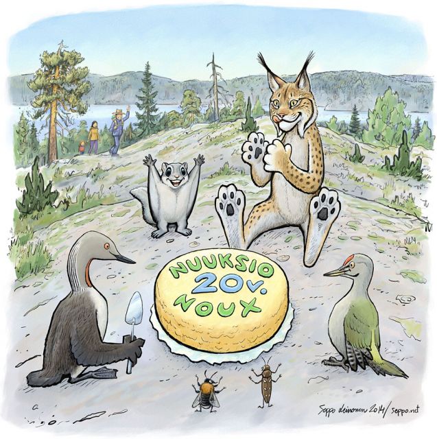  Nuuksion kansallispuisto 20 vuotta, keywords:
 Nuuksio kansallispuisto 20 vuotta juhla kaakkuri liito-orava ilves haavanjalosoukko kartanokimalainen luonnonsuojelualue monimuotoisuus luonto piirros