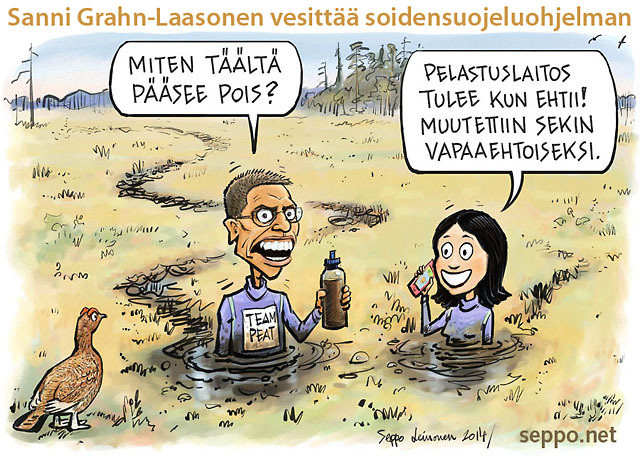  Soidensuojelu ja vapaaehtoisuus, keywords:
 suo suot soidensuojelu ohjelma Sanni Grahn-Laasonen Alexander Stubb ympäristöministeri keskeyttäminen vapaaehtoisuus ojitus turvetuotanto luonto monimuotoisuus suojelu pilapiirros