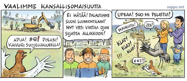  Vaalimme kansallisomaisuutta, keywords:
 metsähallitus ennallistaminen suo luonto luonnontila kaivinkone monimuotoisuus sarjakuva