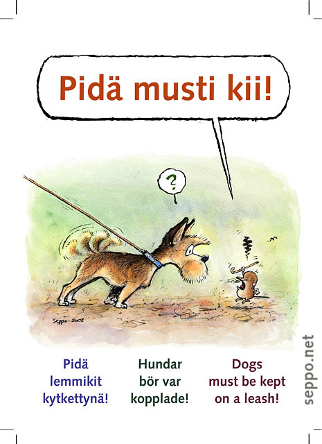  Lemmikit pidetään kiinni suojelualueella, keywords:
 koirat lemmikki lemmikit päästäinen kytkettynä talutushihnassa suojelualue ohjesääntö määräys ohje kielto pilapiirros