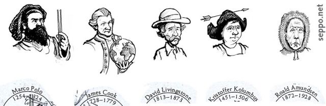 Löytöretkeilijät, keywords:
 löytöretkeilijä löytöretki historia Marco Polo James Cook David Livingstone Kristoffer Kolumbus Roald Amundsen pilapiirros