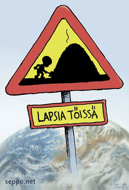  Lapsia töissä - liikennemerkki, keywords:
 köyhyys kehitysmaa lapsityö työvoima riisto liikennemerkki varoitus piirros