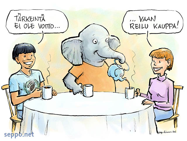  Reilu kauppa , keywords:
 reilu kauppa kahvi kahvittelu pöytä norsu pilapiirros