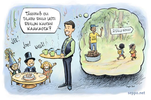  Reilun kaupan kaakao, keywords:
 reilu kauppa kaakao lapsityö ehkäisy koulutus kehitys yhteistyö työntekijä olosuhteet vastuullisuus hinta lastenkutsut juhlat piirros
