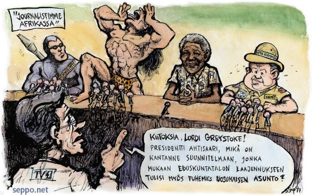  Suomalainen journalisti Afrikassa, keywords:
 Afrikka journalismi Nelson Mandela Mustanaamio Tarzan Martti Ahtisaari Yle TV1 kansainvälisyys 1997 pilapiirros