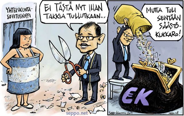  Juha Sipilä leikkaa, keywords:
 Juha Sipilä pääministeri hallitus leikkaukset yhteiskuntasopimus säästöt EK hiiri kissa takki kukkaro pilapiirros