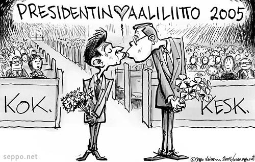  Vanhanen ja Niinistö presidentinvaaliliitto, keywords:
 Matti Vanhanen Sauli Niinistö vaalit Keskusta kokoomus vaaliliitto suutelu presidentinvaali pilapiirros