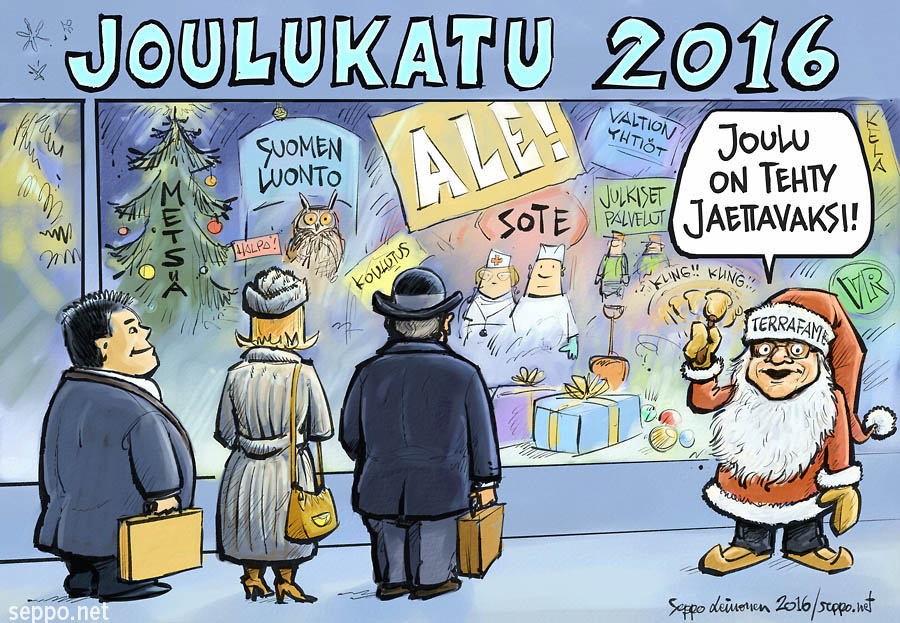 Juha Sipilä avaa hallituksen Joulukadun, keywords: Joulu joulukatu yksityistäminen kauppa valtion omaisuus myynti kansainväliset sijoittajat Juha Sipilä hallitus joulupukki sote julkinen palvelu kela luonnonvarat politiikka biotalous piirros