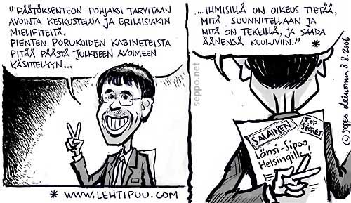  Otto Lehtipuu ja Sipoon valloitus, keywords:
 Sipoo Helsinki Sipoonkorpi Otto Lehtipuu päätöksenteko avoimuus kabinetti kaappaus piirros pilapiirros