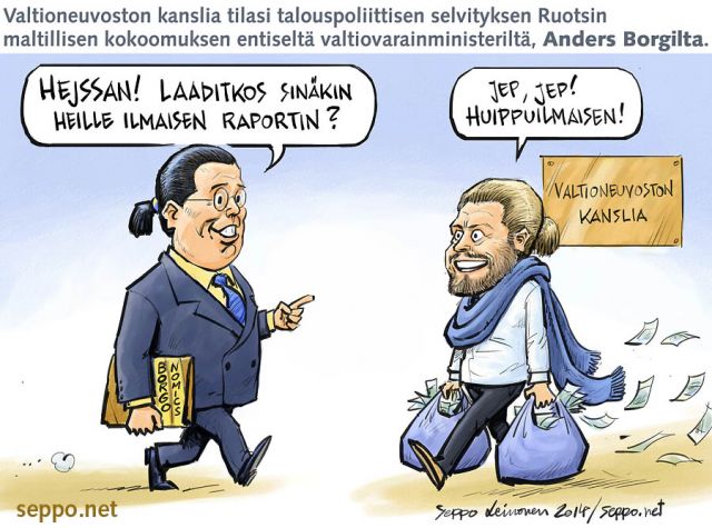  Anders Borg ja Pekka Himanen , keywords:
 Anders Borg Borgonomics valtioneuvoston kanslia Alexander Stubb tilaustyö raportti ilmainen huippututkimus Pekka Himanen talous työllisyys hallitus oikeisto uusliberaali pilapiirros