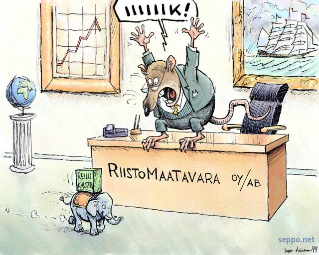  Siirtomaakauppa ja reilu kauppa, keywords:
 siirtomaakauppa tavara kauppias riisto reilu kauppa elefantti norsu rotta kaupankäynti kansainvälinen kauppa pilapiirros