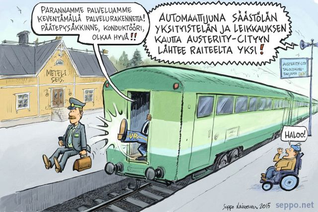  VR ja konduktööri, keywords:
 VR rautatiet juna konduktööri palvelu säästöt julkinen liikenne talouskuri säästöt esteettömyys automaatio työ työllisyys austerity pilapiirros