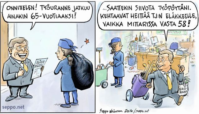  Työuran pidentäminen ylä- ja alatasolla, keywords:
 työura pidentäminen eläke suorittava työ johtavassa asemassa oleva kultainen kädenpuristus tasa-arvo vanhuus pilapiirros