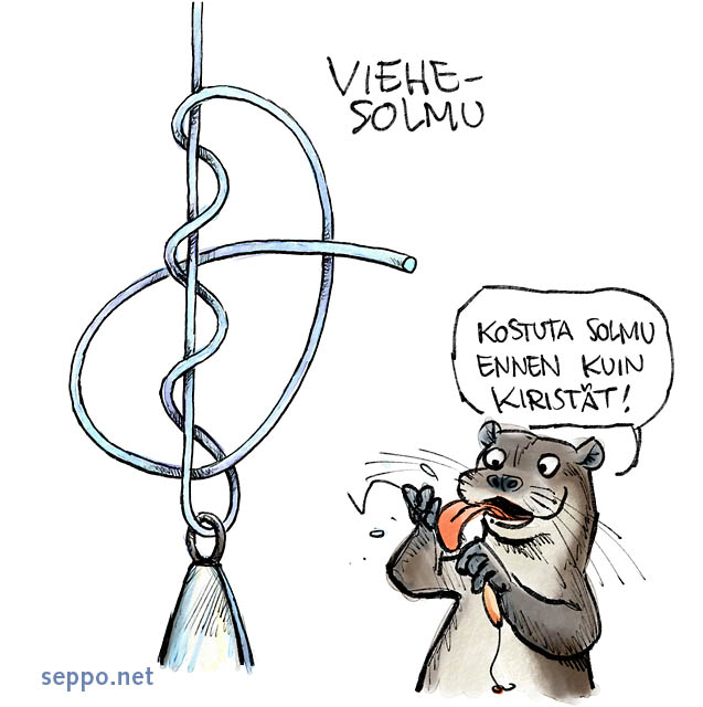 Kalastajan viehesolmu, keywords:
 kalastus kalastaminen viehesolmu siima perhokalastus viehe uistin vaappu perho pilkkiminen sitominen saukko Lutra lutra pilapiirros