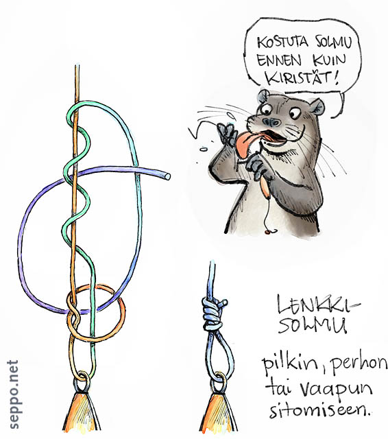  Kalastajan lenkkisolmu, keywords:
 kalastus kalastaminen lenkkisolmu siima perhokalastus vaappu pilkki sitominen saukko Lutra lutra pilapiirros