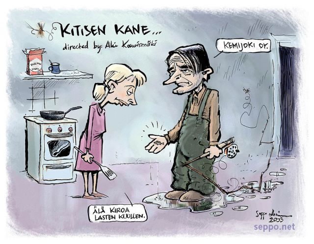  Kalamies, Kitisen Kane ja Kemijoki Oy, keywords:
 kala kalastus Se vavallinen tarina kalamies perhokalastus Kitisen Kane Aki Kaurismäki Kemijoki Oy vesivoima vesirakentaminen vapaa virtavedet koskisota piirros