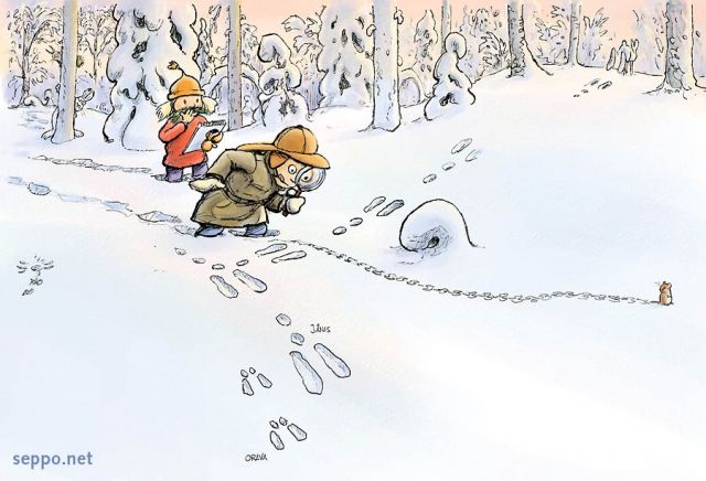  Jäljet - lumi, keywords:
 eläinten jäljet jälki lumi talvi lapsi lapset luontoharrastus jänis orava metsämyyräpilapiirros pilapiirros