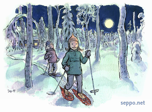  Kuutamo ja lumikengät, keywords:
 yö retki lumikenkä kengät lumikenkäily lumi luminen kuu kuutamo täysikuu hanki talvi valoisa piirros
