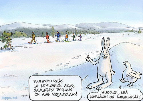  Lumikenkäilyä Ylläksellä, keywords:
 lumikenkä Ylläs riekko jänis lumikenkäily lumikenkäilijä retkeily kevättalvi talvi Suomen latu Lappi piirros pilapiirros