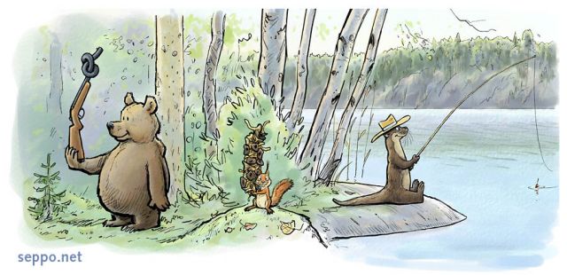  Metsästys - sienestys - kalastus, keywords:
 metsästys sienestys sienet kalastus karhu orava saukko pyssy sieni suppilovahvero saalis onki vapa metsä ranta järvi pilapiirros