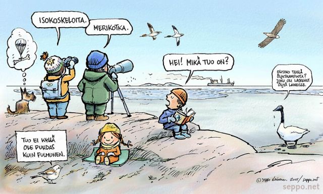 Perhe linturetkellä, keywords:
 loma öljy perhe retki lintuharrastus bongaus onnettomuus tankkeri Itämeri pilapiirros