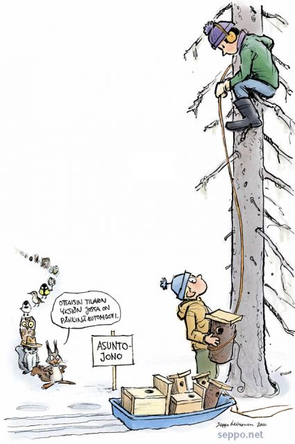 Linnunpönttö ja eläinten asuntojono, keywords:
 pönttö linnunpönttö asuntopula kololintu pojat kiipeäminen puu pöntön ripustus orava liito-orava helmipöllö hömötiainen puukiipijä talitiainen sinitiainen varpuspöllö ahkio talvi pilapi