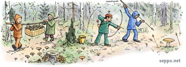  Sienestys ja sienten metsästys, keywords:
 sieni sienisaalis sienet sienestys sieniretki herkkutatti sienten metsästys metsästäjä jousipyssy nuoli jousiampuja keihäs pärekori syksy metsä pilapiirros