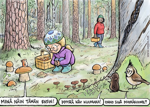  Sieniretki, keywords:
 sieniretki sienestys metsä tyttö mummo herkkutatti metsämyyrä töyhtötiainen metsäpäästäinen myyrä päästäinen mänty mäntykangas piirros ulkoilu hyötyliikunta pilapiirros