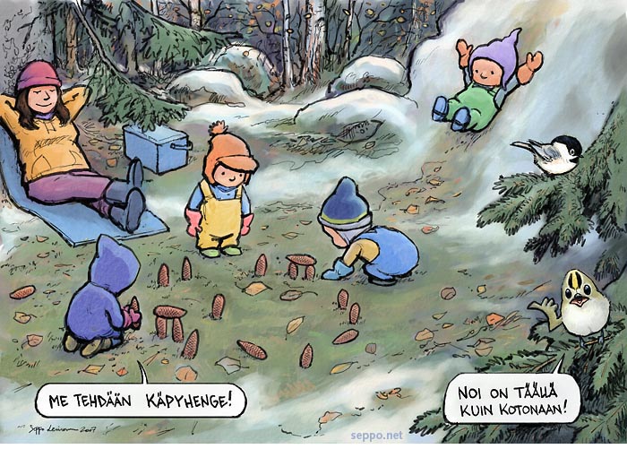 Päiväkotilapset luonnossa, keywords: päiväkoti luonnossa kotonaan lapset leikki syksy ulkoilu Suomen latu luonto piirros pilapiirros